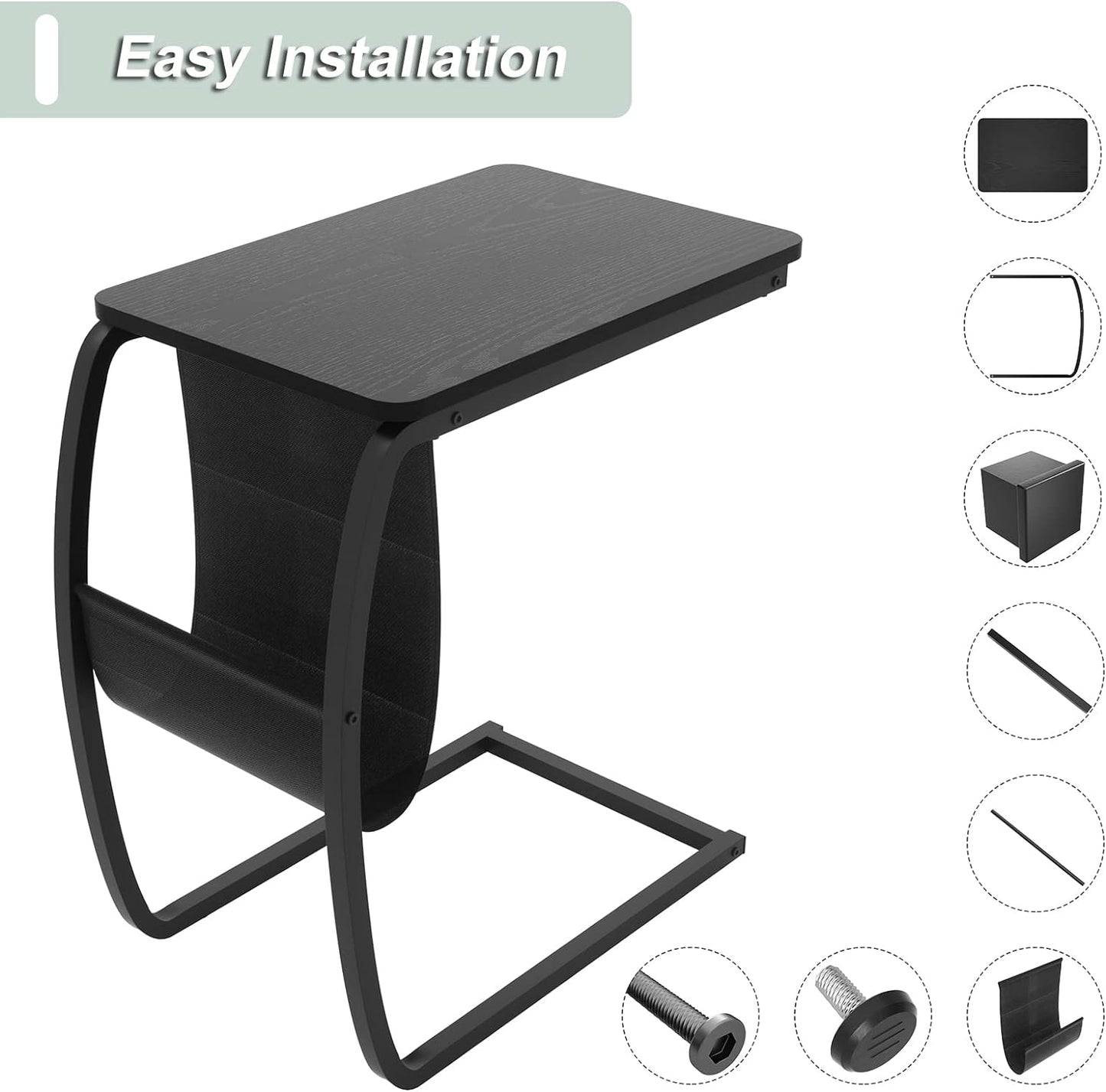 SRIWATANA Side Table End Table, Vintage C Shaped Couch Table with Side Pocket for Sofa Laptop Coffee Snack