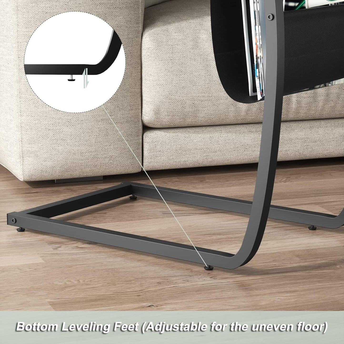 SRIWATANA Side Table End Table, Vintage C Shaped Couch Table with Side Pocket for Sofa Laptop Coffee Snack