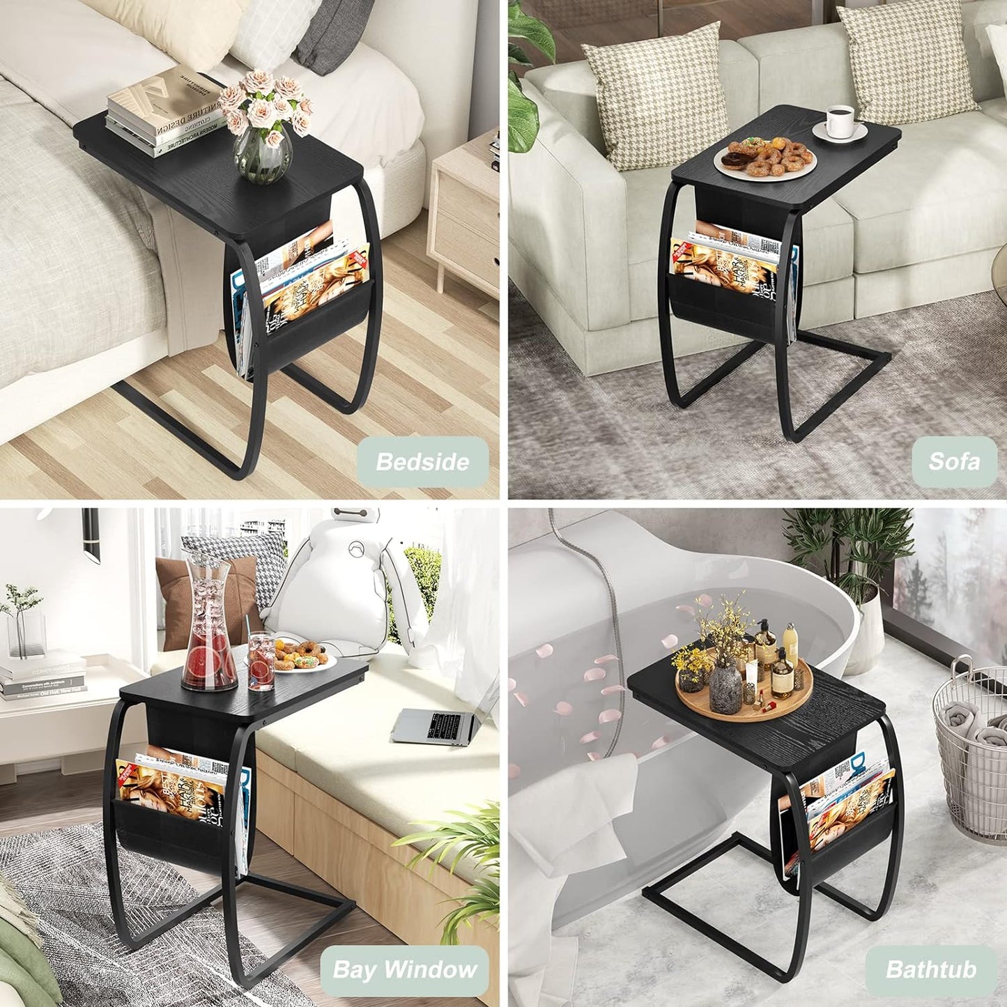 SRIWATANA Side Table End Table, Vintage C Shaped Couch Table with Side Pocket for Sofa Laptop Coffee Snack