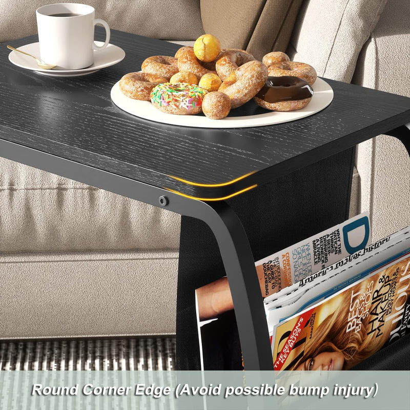 SRIWATANA Side Table End Table, Vintage C Shaped Couch Table with Side Pocket for Sofa Laptop Coffee Snack