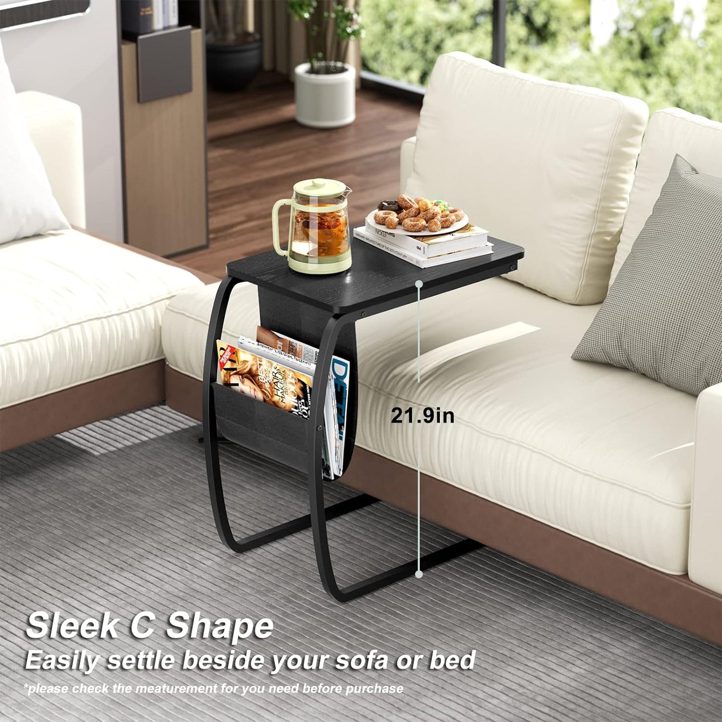 SRIWATANA Side Table End Table, Vintage C Shaped Couch Table with Side Pocket for Sofa Laptop Coffee Snack