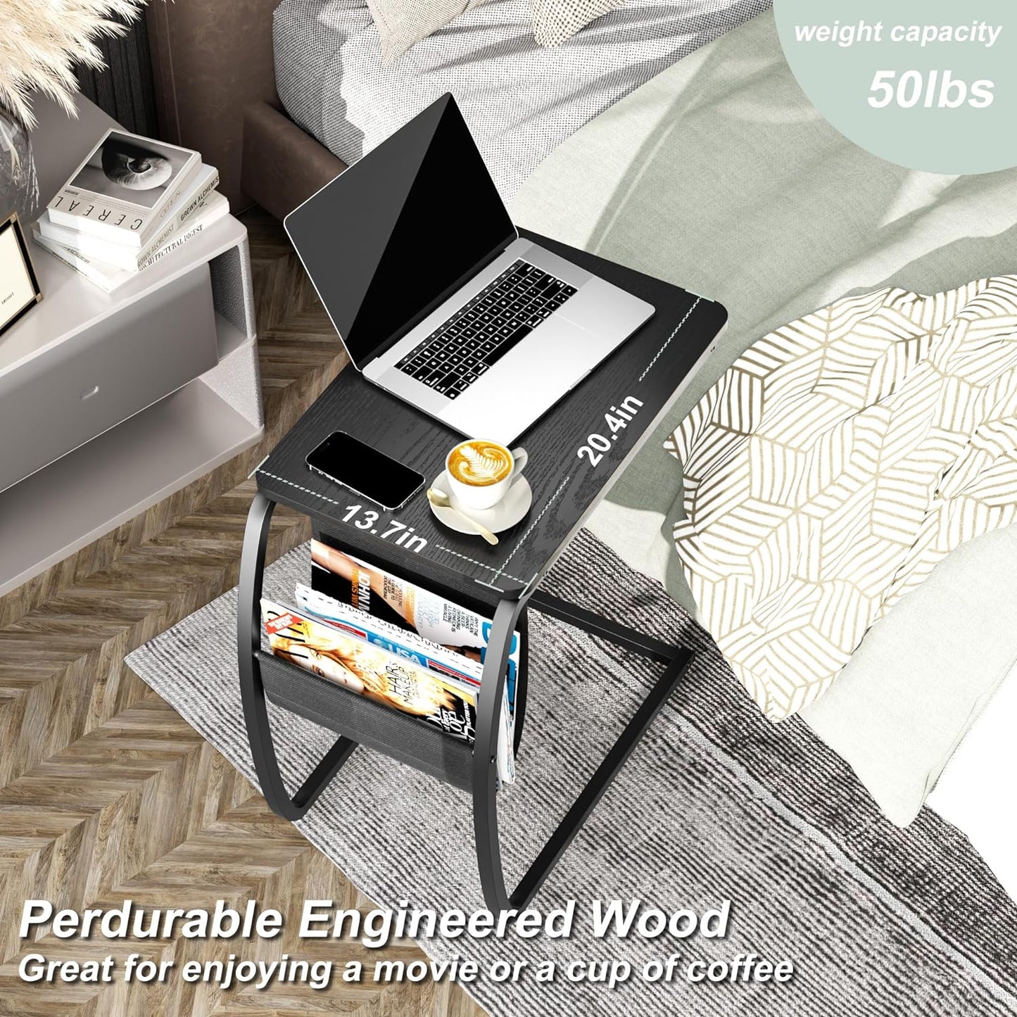SRIWATANA Side Table End Table, Vintage C Shaped Couch Table with Side Pocket for Sofa Laptop Coffee Snack
