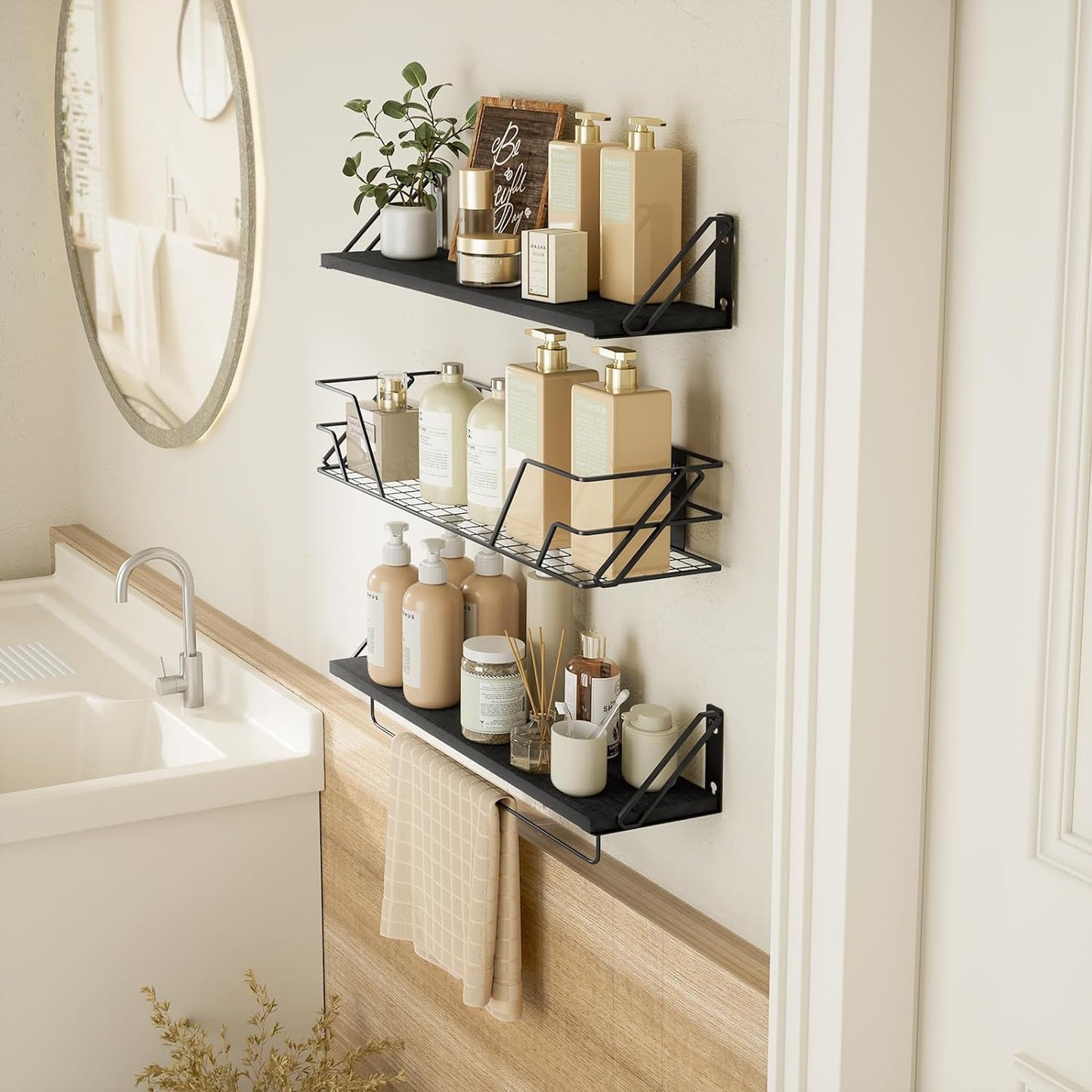SRIWATANA 2+1 Floating Shelves for Wall, Bathroom Shelves Over Toilet with Metal Bar, Wall Shelves with Storage Wire Basket, Wood Shelves for Bedroom, Living Room, Kitchen