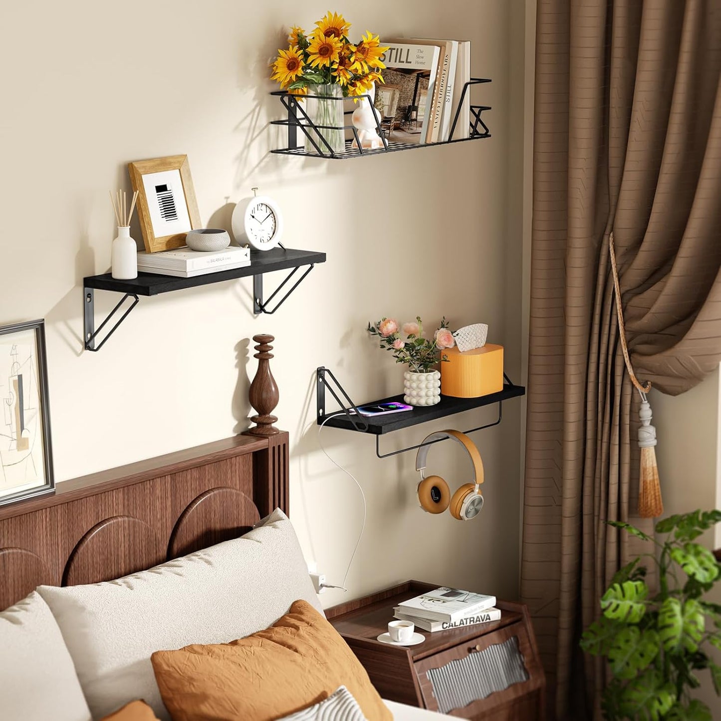 SRIWATANA 2+1 Floating Shelves for Wall, Bathroom Shelves Over Toilet with Metal Bar, Wall Shelves with Storage Wire Basket, Wood Shelves for Bedroom, Living Room, Kitchen