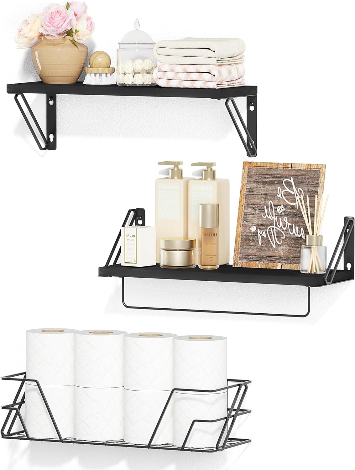 SRIWATANA 2+1 Floating Shelves for Wall, Bathroom Shelves Over Toilet with Metal Bar, Wall Shelves with Storage Wire Basket, Wood Shelves for Bedroom, Living Room, Kitchen