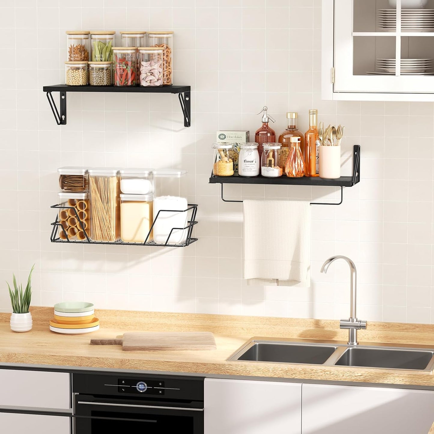 SRIWATANA 2+1 Floating Shelves for Wall, Bathroom Shelves Over Toilet with Metal Bar, Wall Shelves with Storage Wire Basket, Wood Shelves for Bedroom, Living Room, Kitchen