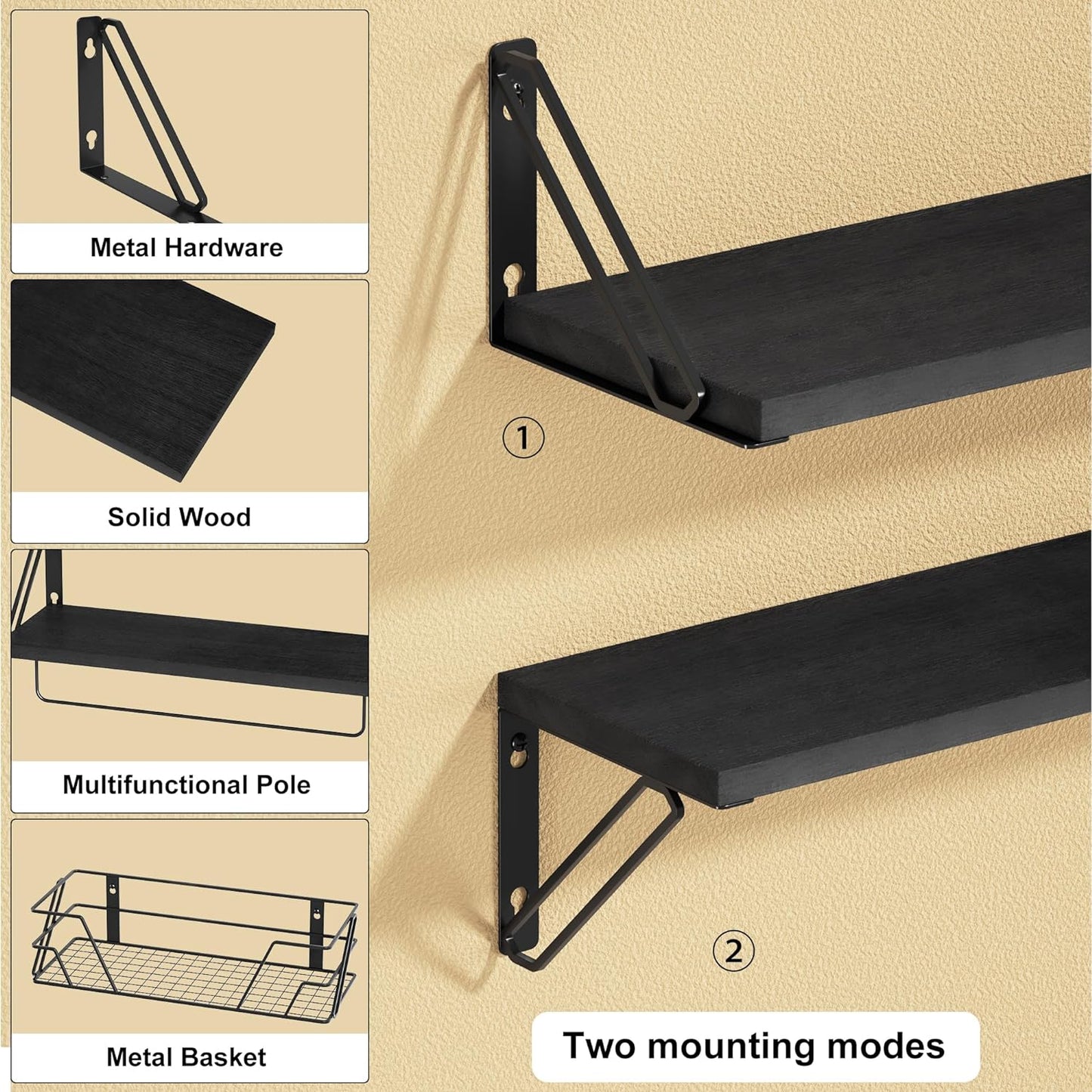 SRIWATANA 2+1 Floating Shelves for Wall, Bathroom Shelves Over Toilet with Metal Bar, Wall Shelves with Storage Wire Basket, Wood Shelves for Bedroom, Living Room, Kitchen