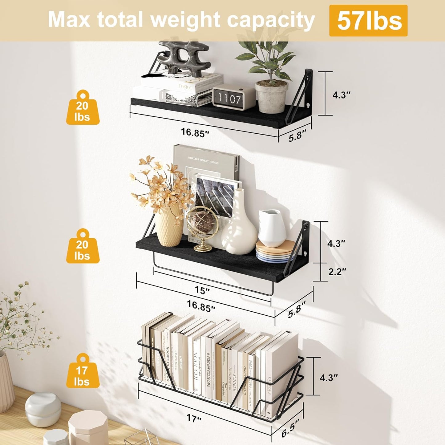 SRIWATANA 2+1 Floating Shelves for Wall, Bathroom Shelves Over Toilet with Metal Bar, Wall Shelves with Storage Wire Basket, Wood Shelves for Bedroom, Living Room, Kitchen