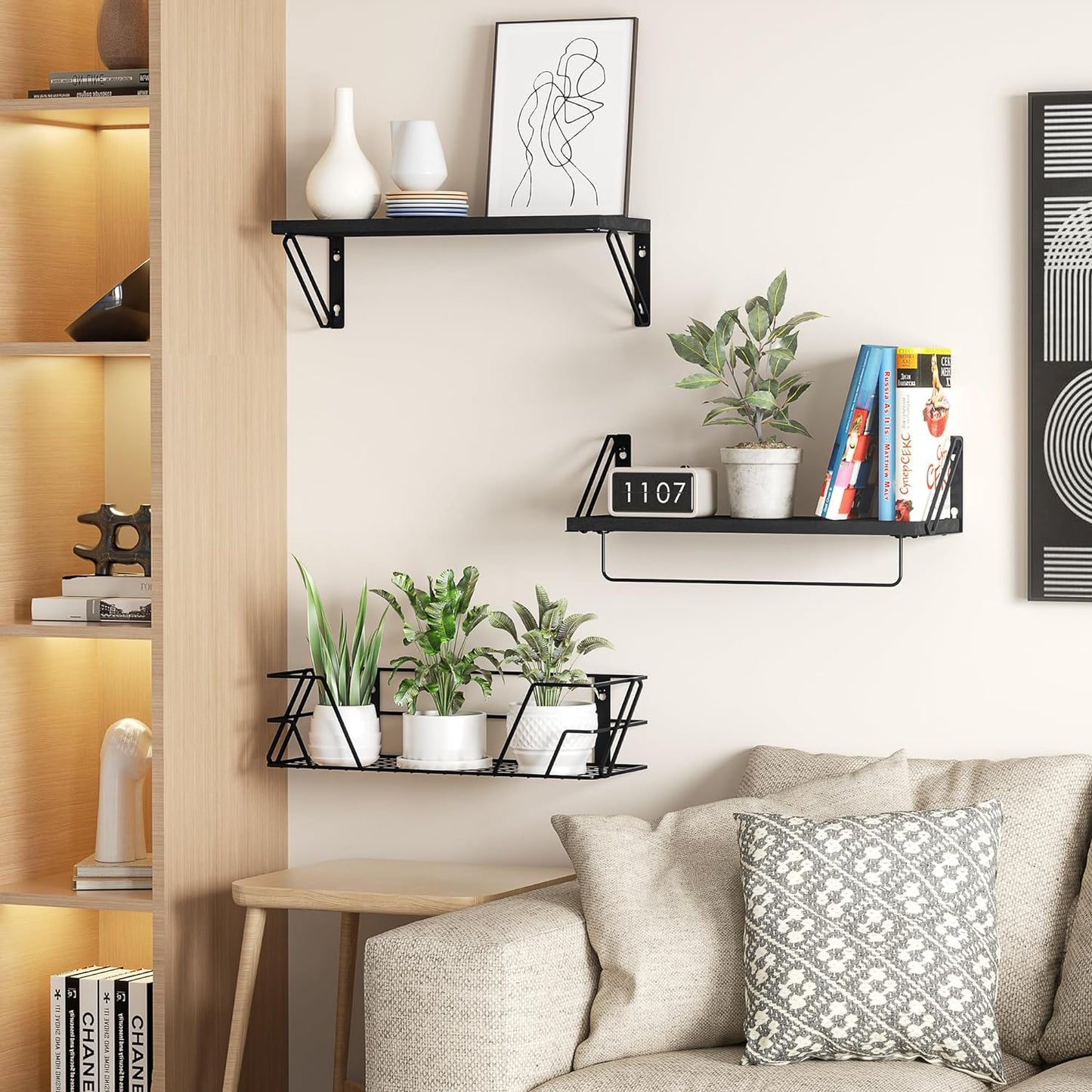 SRIWATANA 2+1 Floating Shelves for Wall, Bathroom Shelves Over Toilet with Metal Bar, Wall Shelves with Storage Wire Basket, Wood Shelves for Bedroom, Living Room, Kitchen