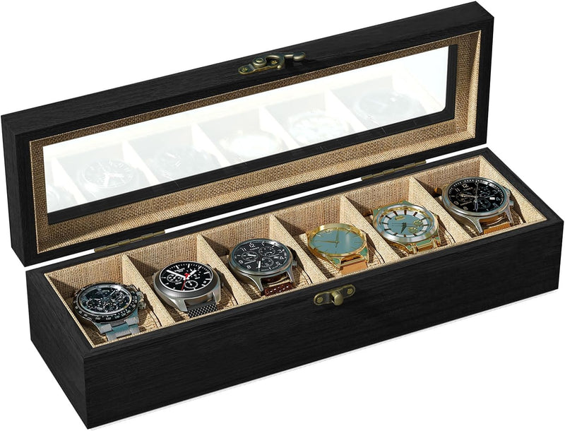 SRIWATANA Watch Box Case Organizer Display for Men Women, 6 Slot Wood Box with Glass Top, Gift for Loved Ones