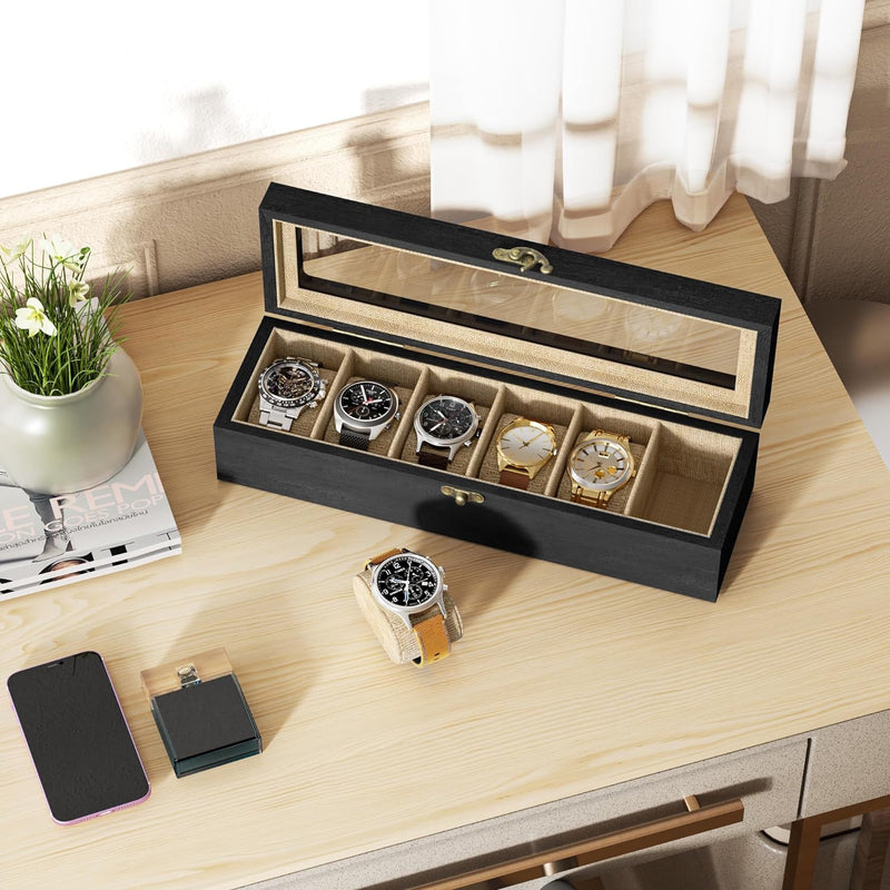 SRIWATANA Watch Box Case Organizer Display for Men Women, 6 Slot Wood Box with Glass Top, Gift for Loved Ones