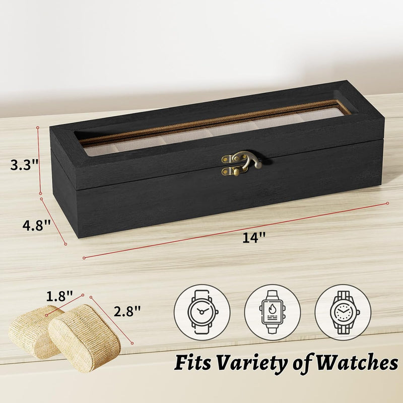 SRIWATANA Watch Box Case Organizer Display for Men Women, 6 Slot Wood Box with Glass Top, Gift for Loved Ones