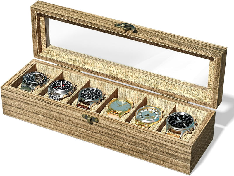 SRIWATANA Watch Box Case Organizer Display for Men Women, 6 Slot Wood Box with Glass Top, Gift for Loved Ones