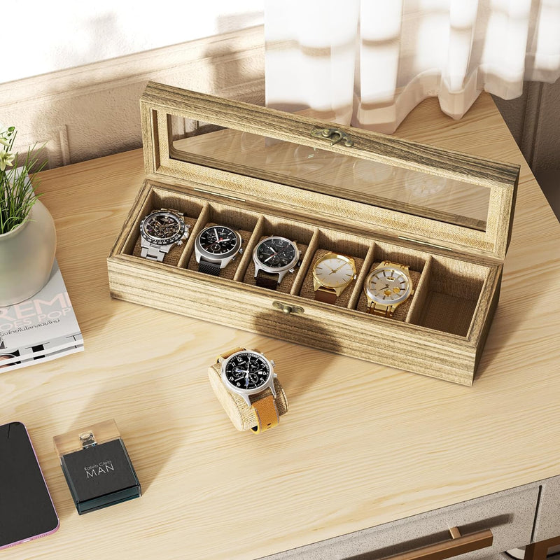 SRIWATANA Watch Box Case Organizer Display for Men Women, 6 Slot Wood Box with Glass Top, Gift for Loved Ones