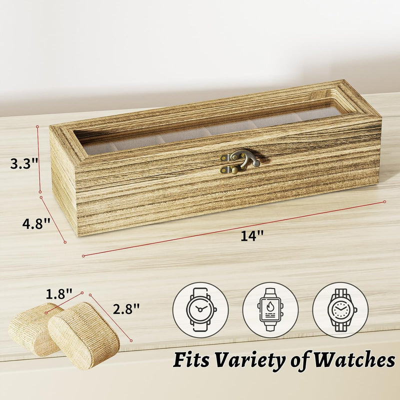 SRIWATANA Watch Box Case Organizer Display for Men Women, 6 Slot Wood Box with Glass Top, Gift for Loved Ones