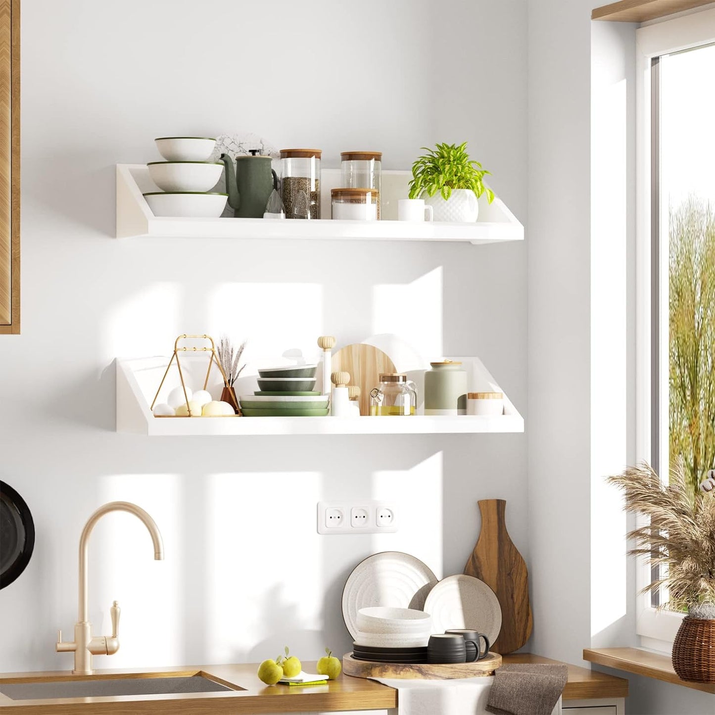 SRIWATANA Floating Shelves Large Set of 2, 24 Inch Wide Wall Shelves Wood Shelves Wall Mounted for Wall Decor in Bedroom, Living Room, Bathroom, Kitchen, and Office