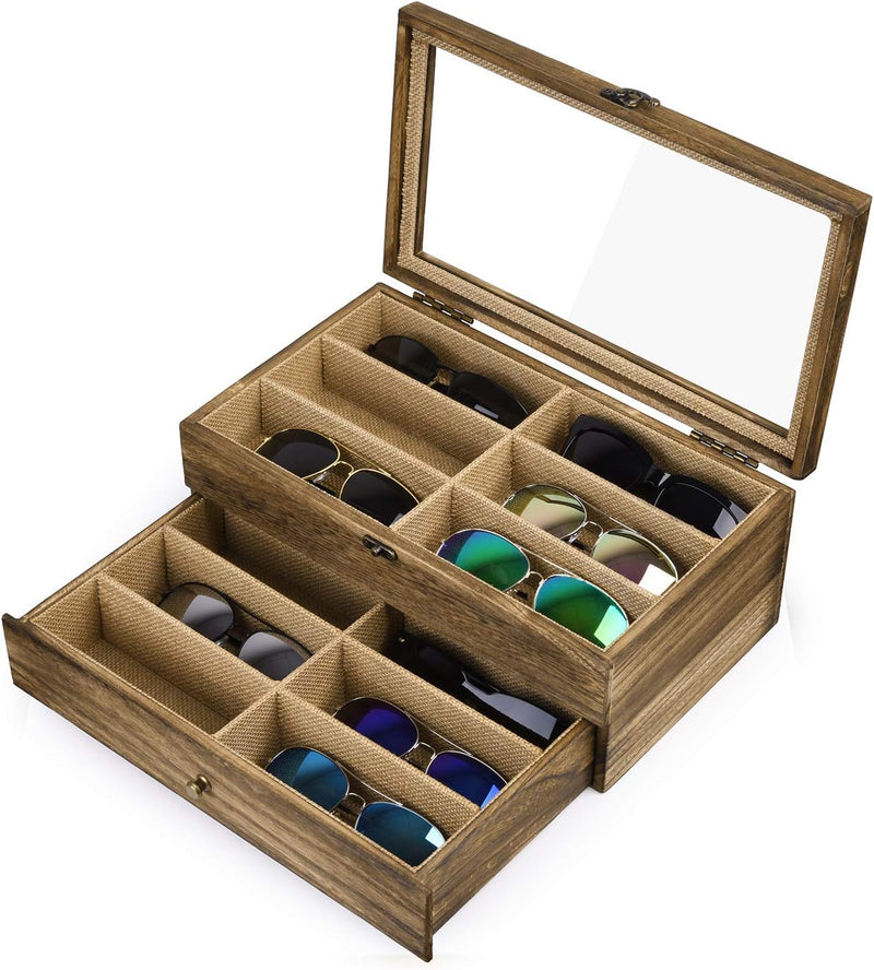 SRIWATANA Sunglasses Case Organizer for Women Men, 12 Slot Wood Eyeglass Eyewear Display Box with Glass Top