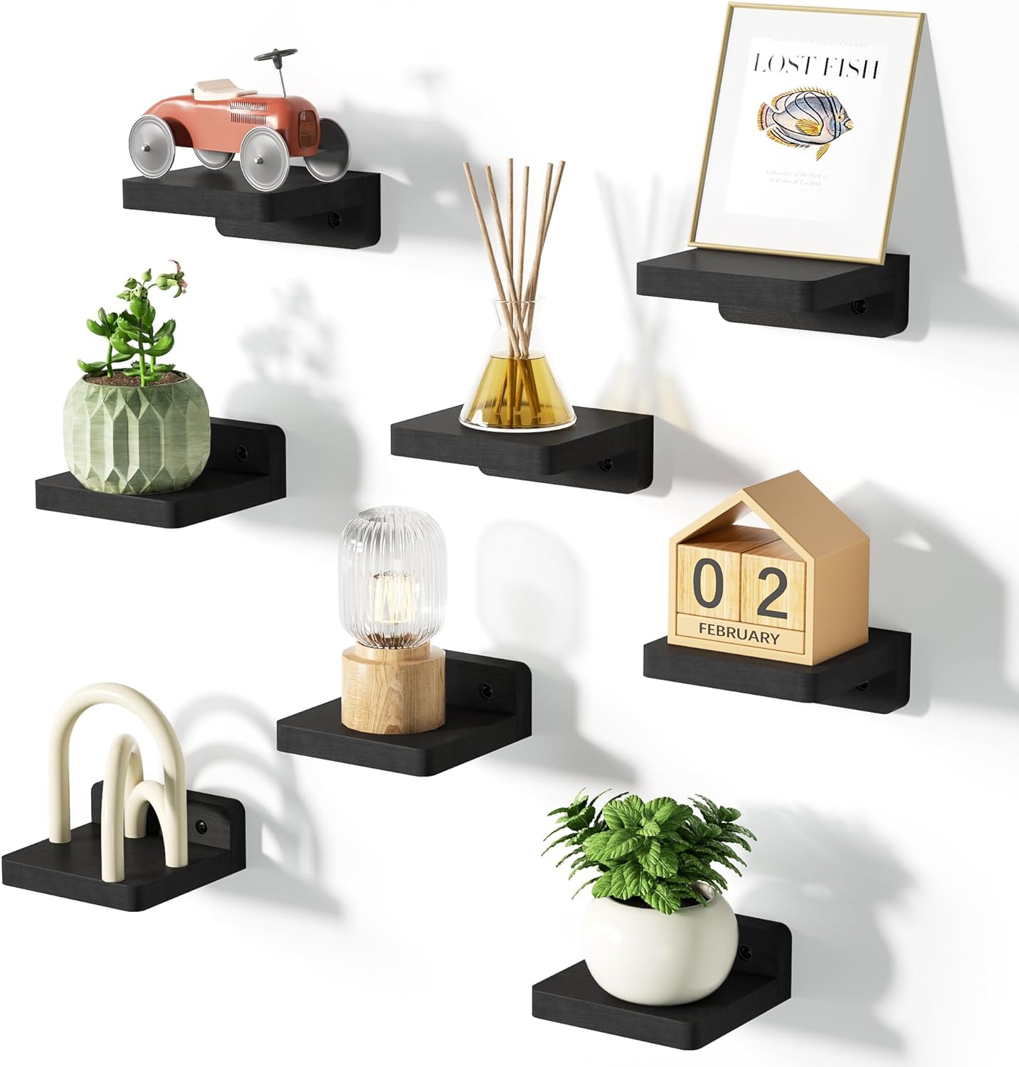 SRIWATANA Small Floating Shelves Wall Mounted, 4 Inch Wood Shelf for Decoration and Storage Set of 8, Mini Display Shelf for Bedroom, Bathroom, Kitchen, Office