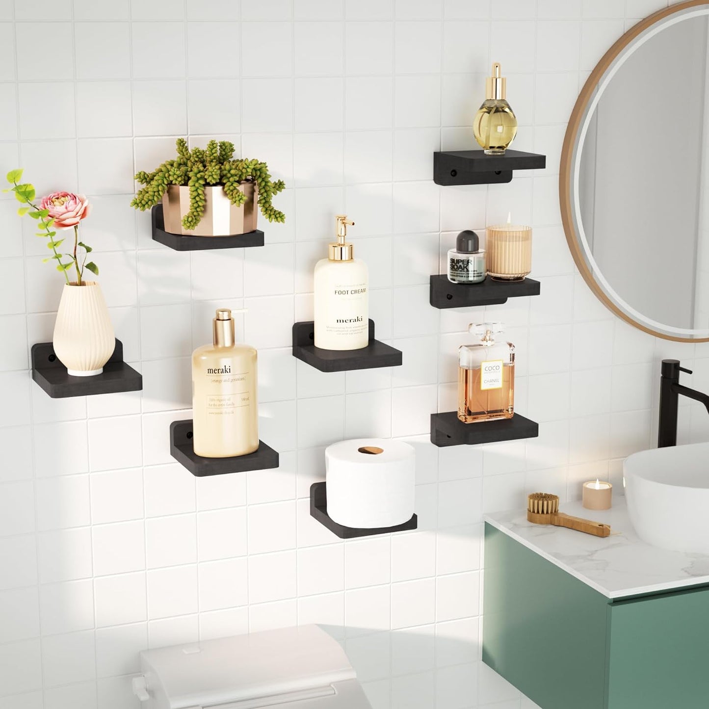 SRIWATANA Small Floating Shelves Wall Mounted, 4 Inch Wood Shelf for Decoration and Storage Set of 8, Mini Display Shelf for Bedroom, Bathroom, Kitchen, Office