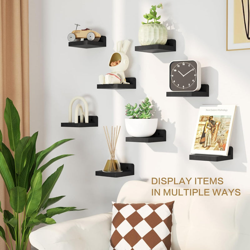 SRIWATANA Small Floating Shelves Wall Mounted, 4 Inch Wood Shelf for Decoration and Storage Set of 8, Mini Display Shelf for Bedroom, Bathroom, Kitchen, Office