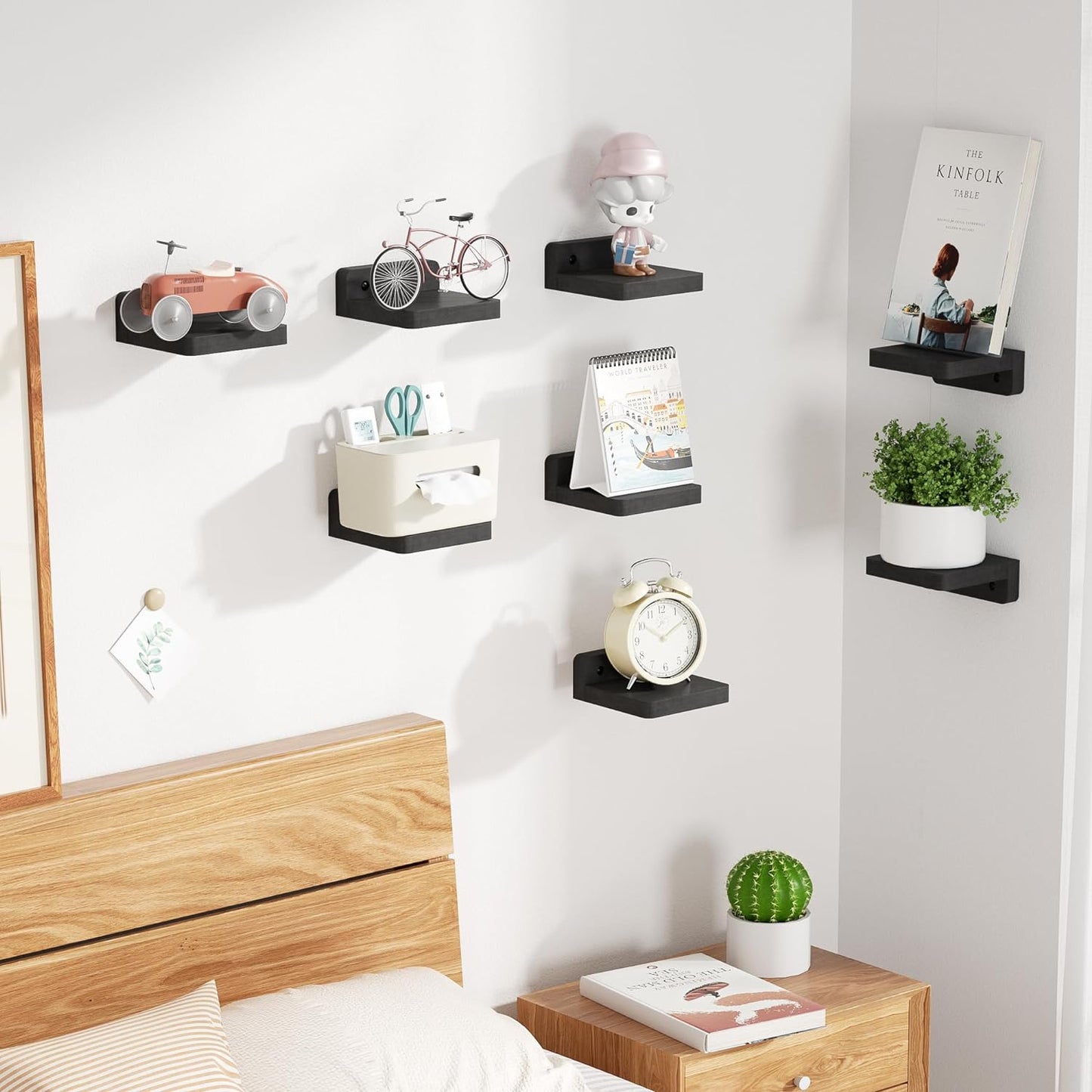 SRIWATANA Small Floating Shelves Wall Mounted, 4 Inch Wood Shelf for Decoration and Storage Set of 8, Mini Display Shelf for Bedroom, Bathroom, Kitchen, Office
