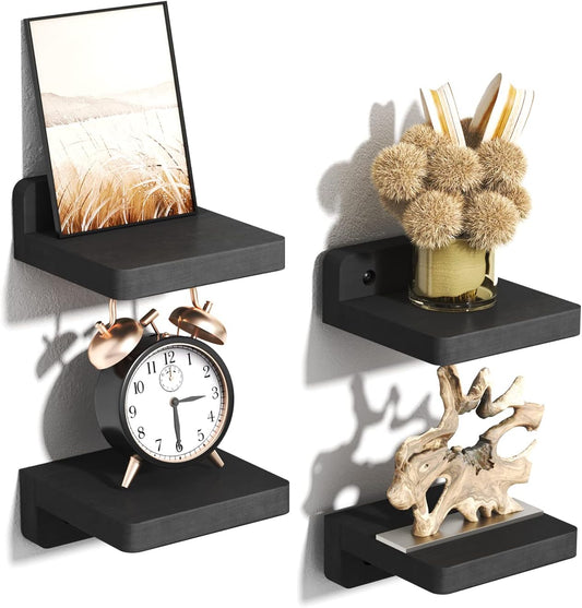 SRIWATANA Small Floating Shelves Wall Mounted, 4 Inch Wood Shelf for Decoration and Storage Set of 4, Mini Display Shelf for Bedroom, Bathroom, Kitchen, Office