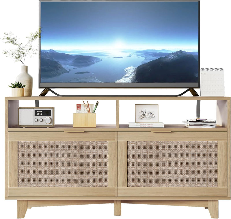 SRIWATANA TV Stand for Televisions up to 55 Inchs, Wooden TV Cabinet with 2 Rattan Doors, Entertainment Center with Storage, Media Furniture for Living Room, Bedroom