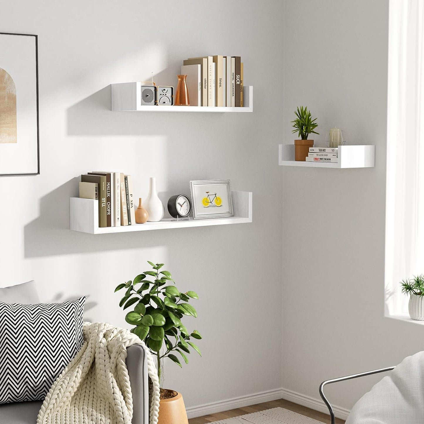 SRIWATANA X-Large Floating Shelves, Modern Wall Shelves Set of 3, Wall Mounted Shelves for Bathroom, Bedroom, Living Room, Kitchen, Laundry, Wall Decor, Display Holder