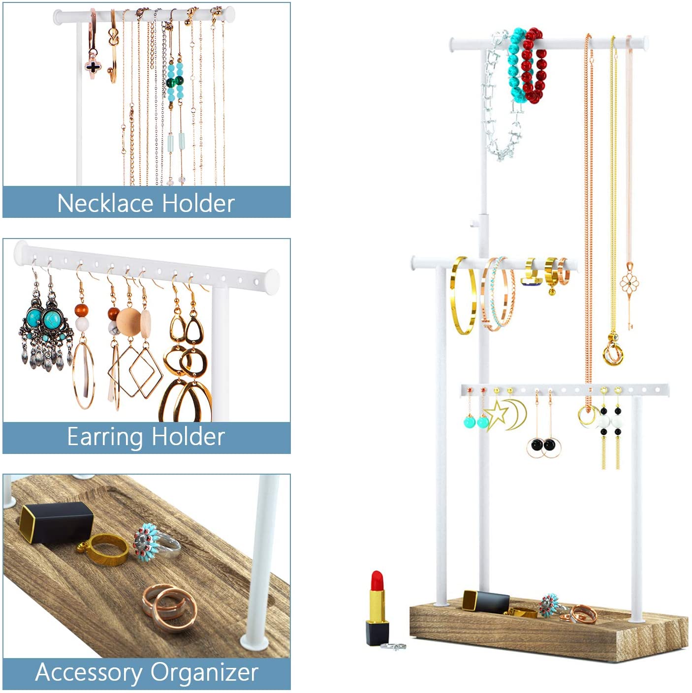 3 Tier Jewelry Organizer Display Extra Tall Necklace Holder (Carbonized Black)