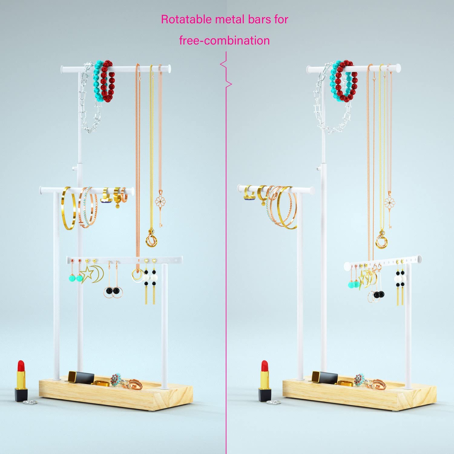 3 Tier Jewelry Organizer Display Extra Tall Necklace Holder (Natural Wood)