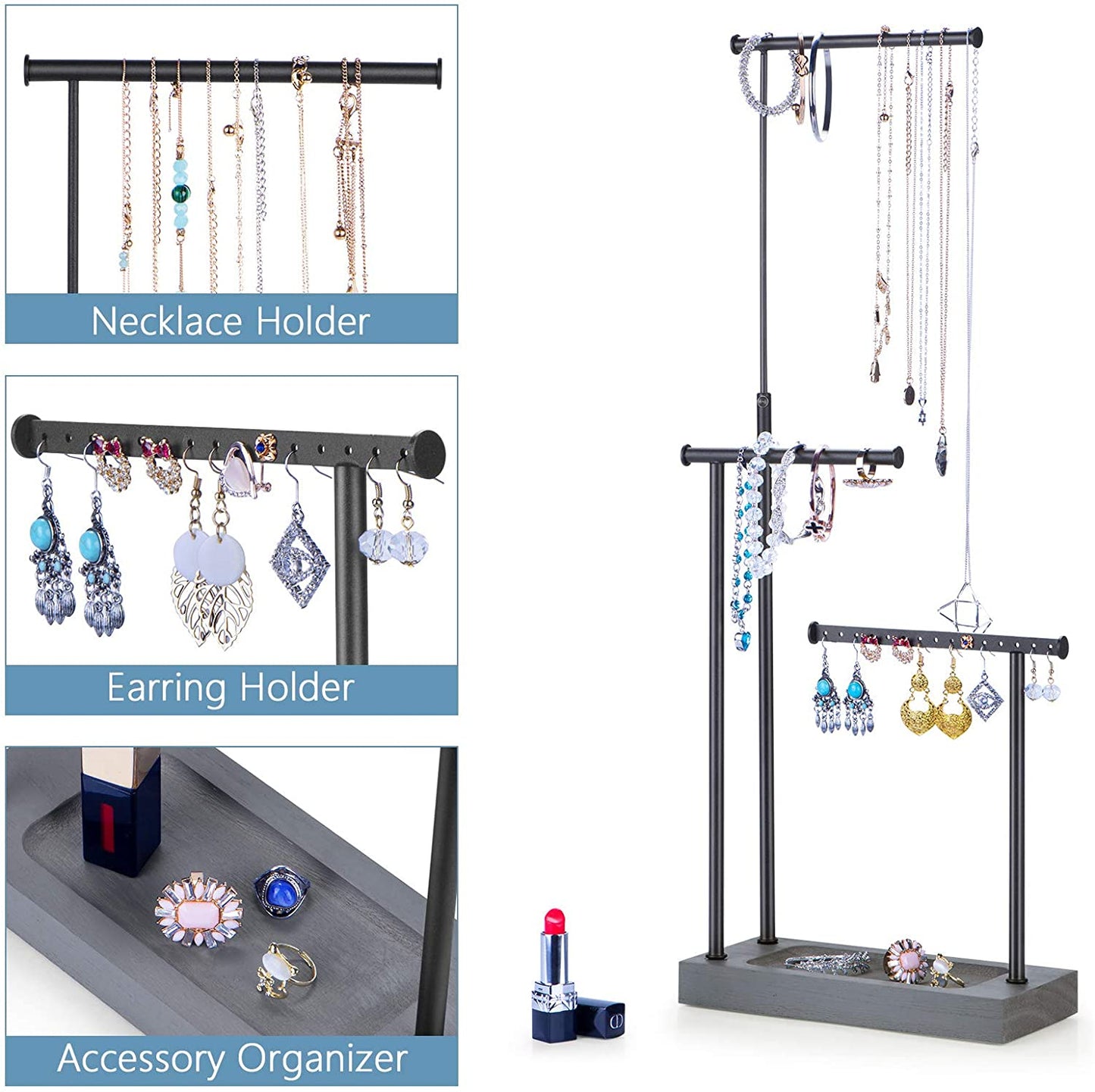 SRIWATANA 3 Tier Jewelry Organizer Display Extra Tall Necklace Holder (Weathered Grey)