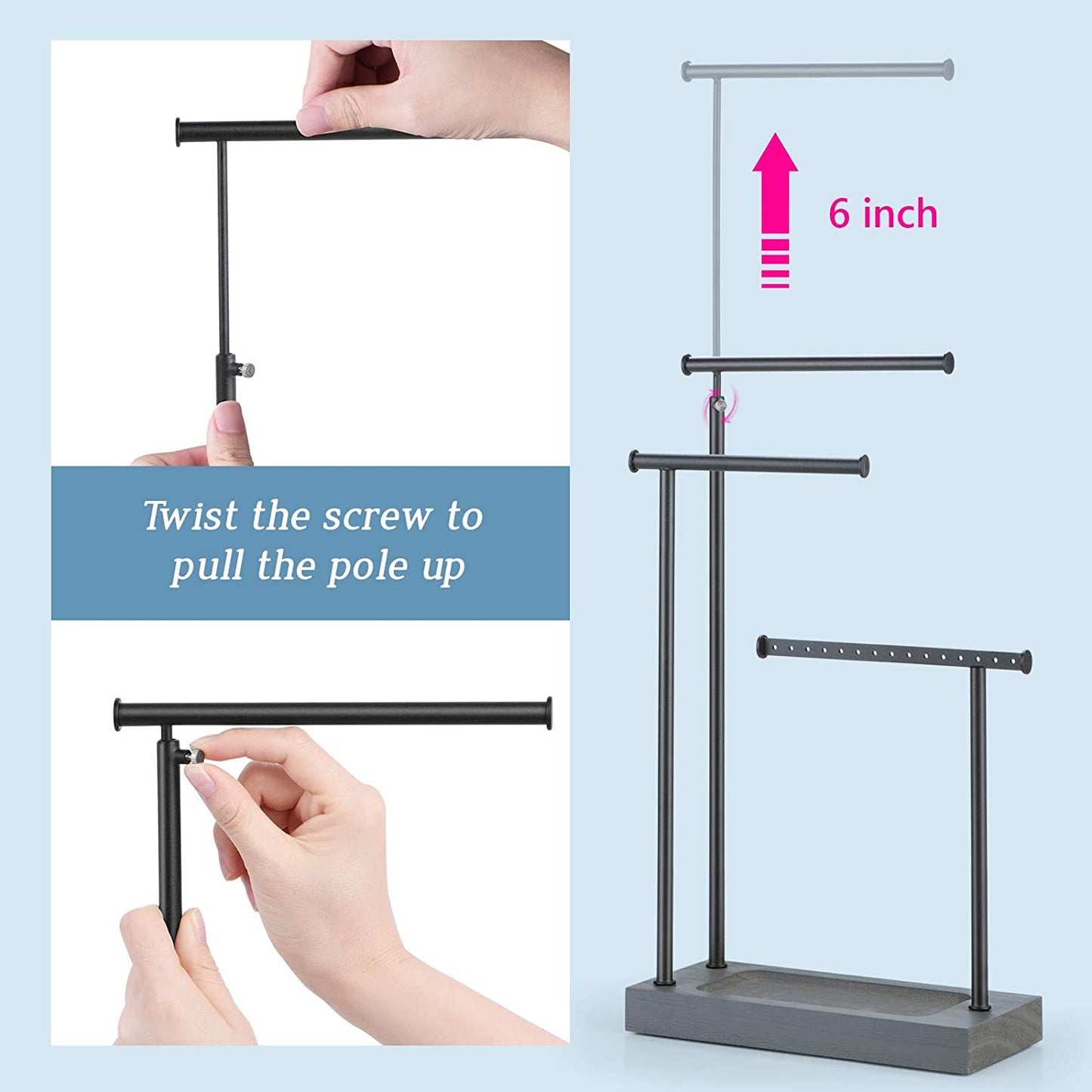 SRIWATANA 3 Tier Jewelry Organizer Display Extra Tall Necklace Holder (Weathered Grey)