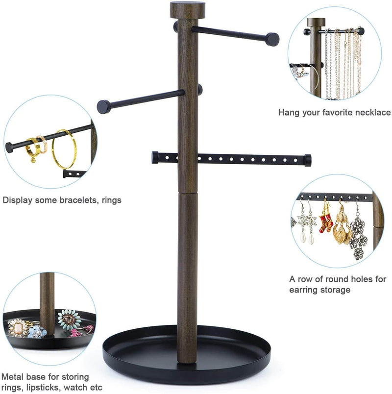 3 Tier Jewelry Tree Organizer Wood with Movable Metal Bar