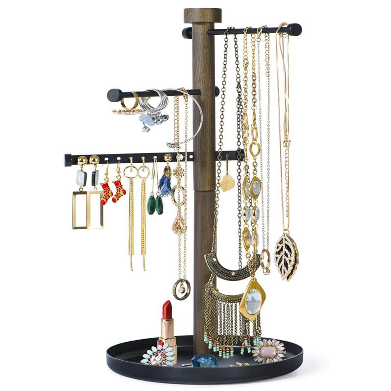 3 Tier Jewelry Tree Organizer Wood with Movable Metal Bar