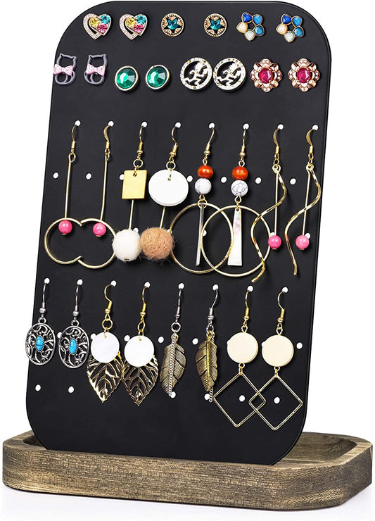 62 Holes Metal Jewelry Organizer with Solid Wood Tray-Carbonized Black