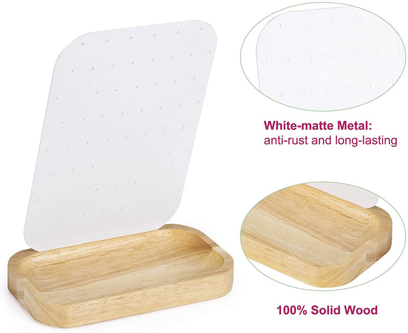 62 Holes Metal Jewelry Organizer with Solid Wood Tray-White & Natural Wood