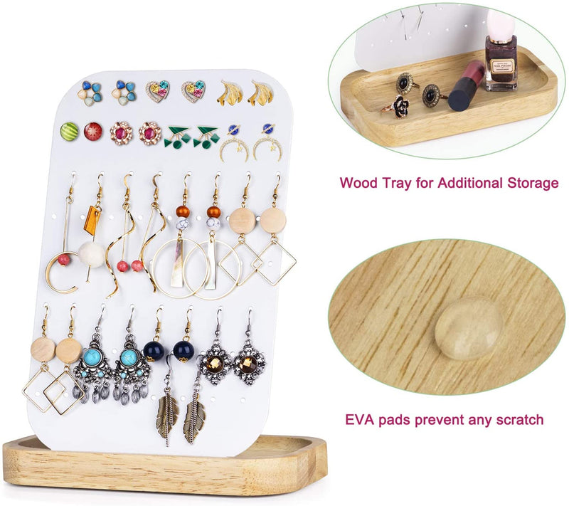 62 Holes Metal Jewelry Organizer with Solid Wood Tray-White & Natural Wood