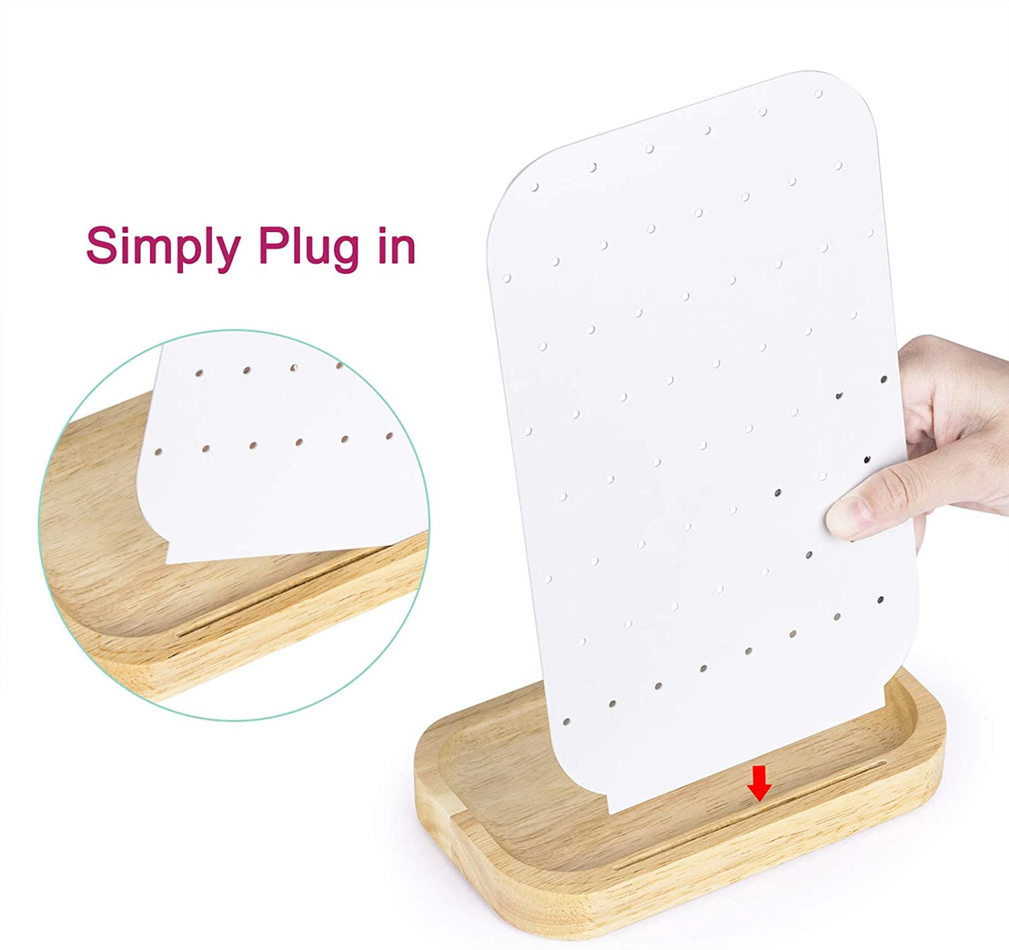 62 Holes Metal Jewelry Organizer with Solid Wood Tray-White & Natural Wood