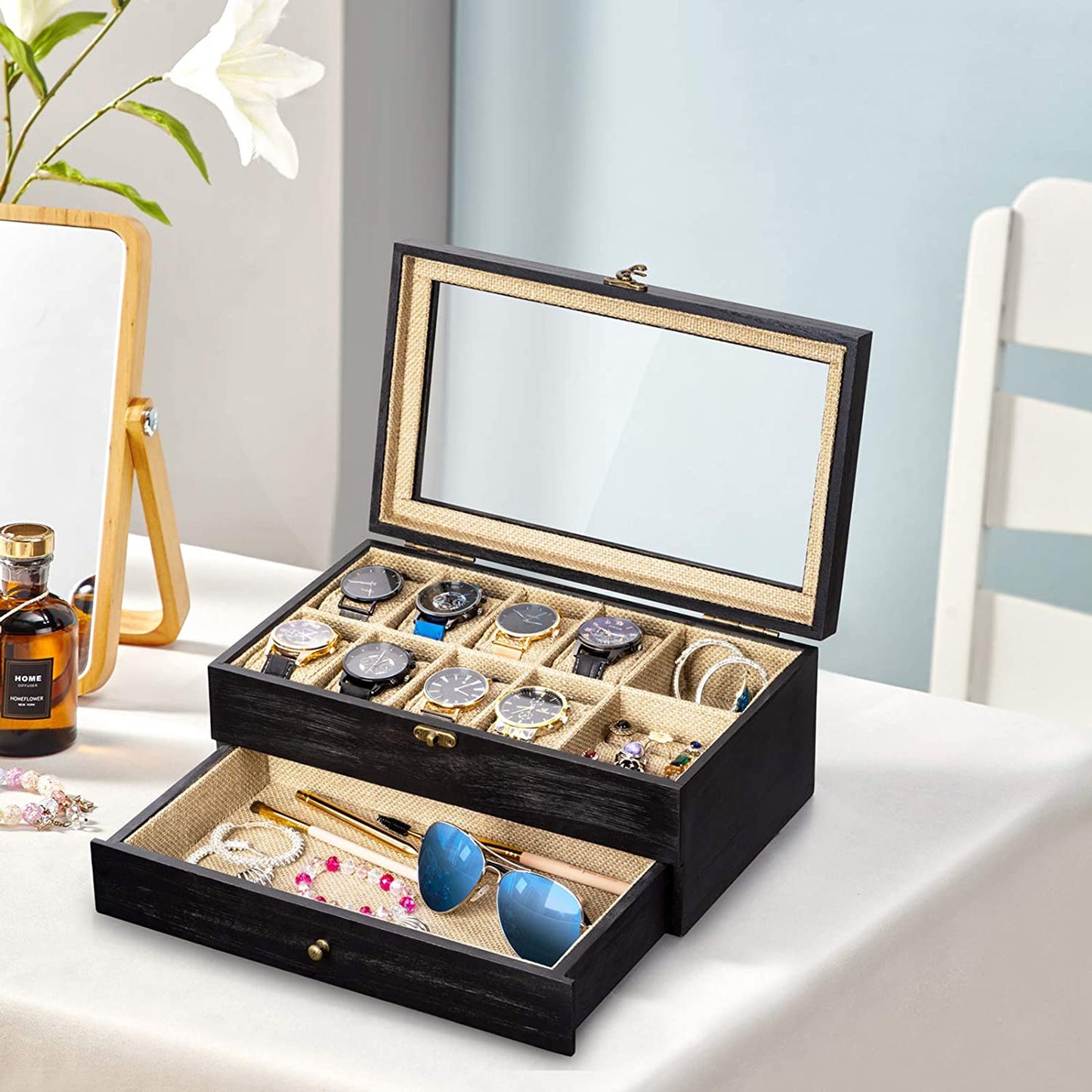 8-Slot Watch Organizer with Jewelry Drawer