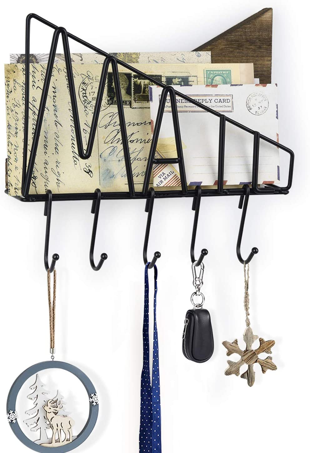 Rustic Bill Mail Organizer Hanging Key Holder with 5 Hooks