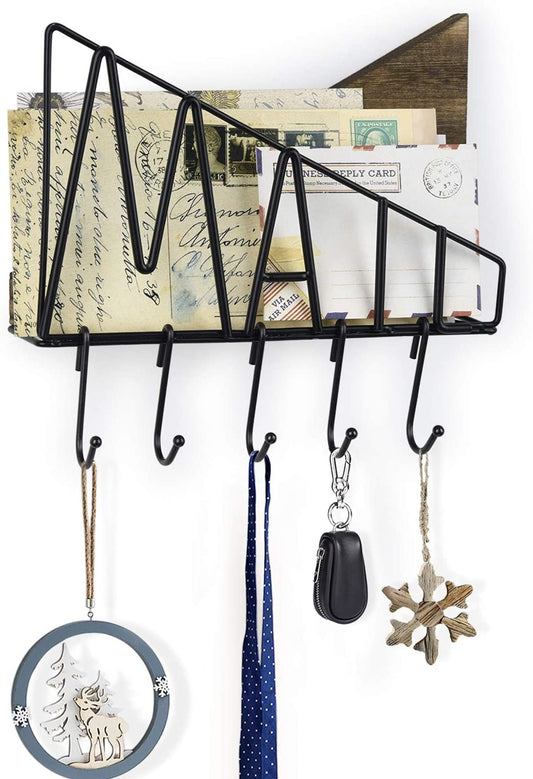 Rustic Bill Mail Organizer Hanging Key Holder with 5 Hooks