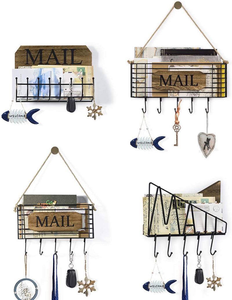 Rustic Bill Mail Organizer Hanging Key Holder with 5 Hooks