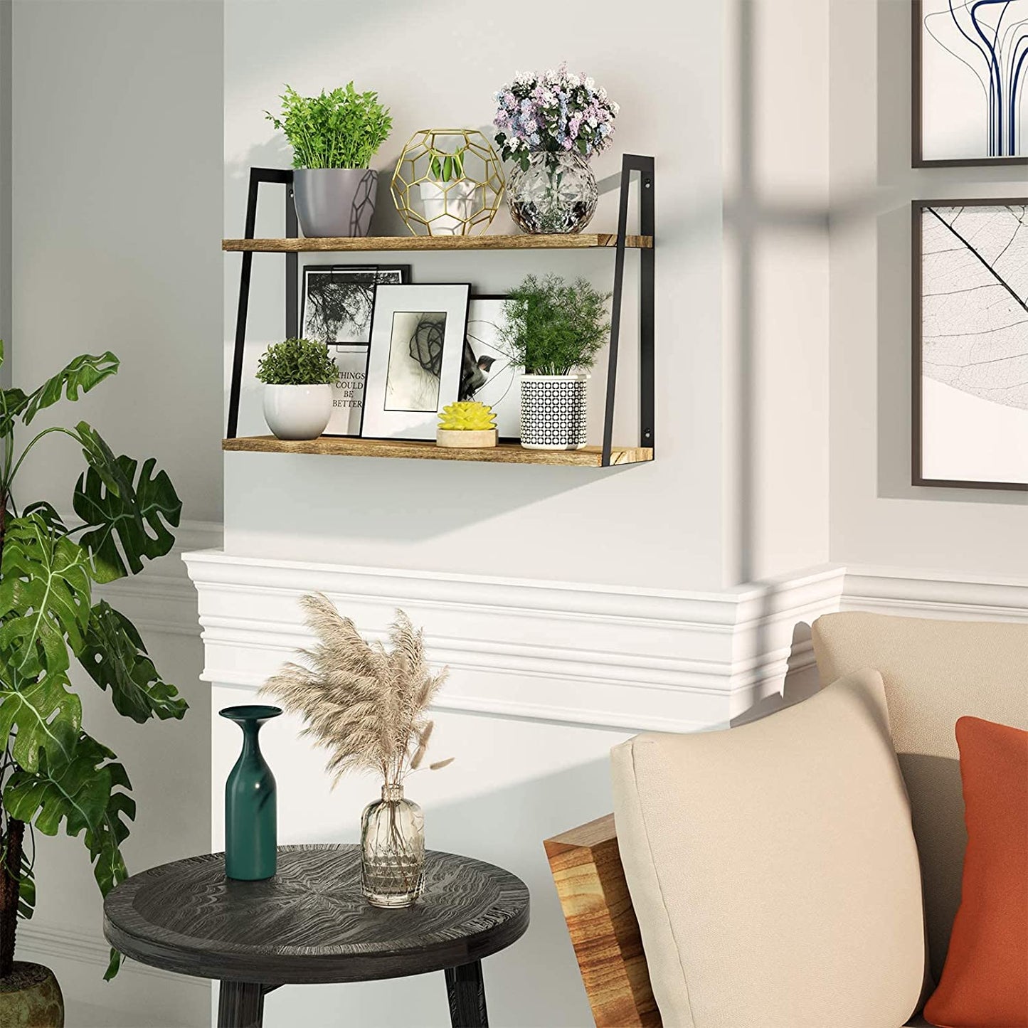 SRIWATANA  2-Tier Rustic Wood Shelves (Carbonized Black)