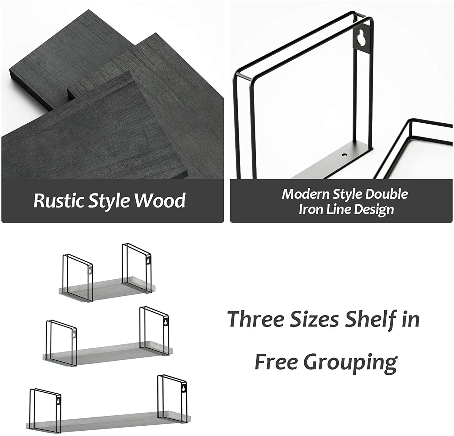 SRIWATANA Rustic Wood Wall Shelves Set of 3 (Black)