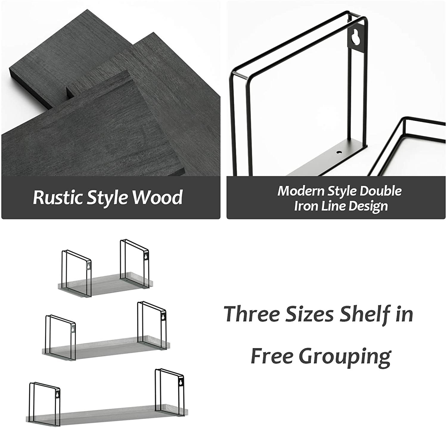 SRIWATANA Rustic Wood Wall Shelves Set of 3 (Black)