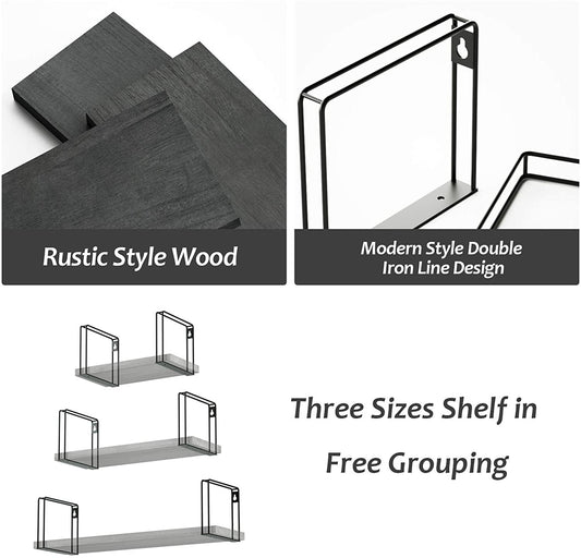 SRIWATANA Rustic Wood Wall Shelves Set of 3 (Black)
