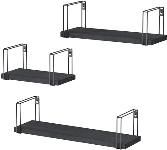 SRIWATANA Rustic Wood Wall Shelves Set of 3 (Black)
