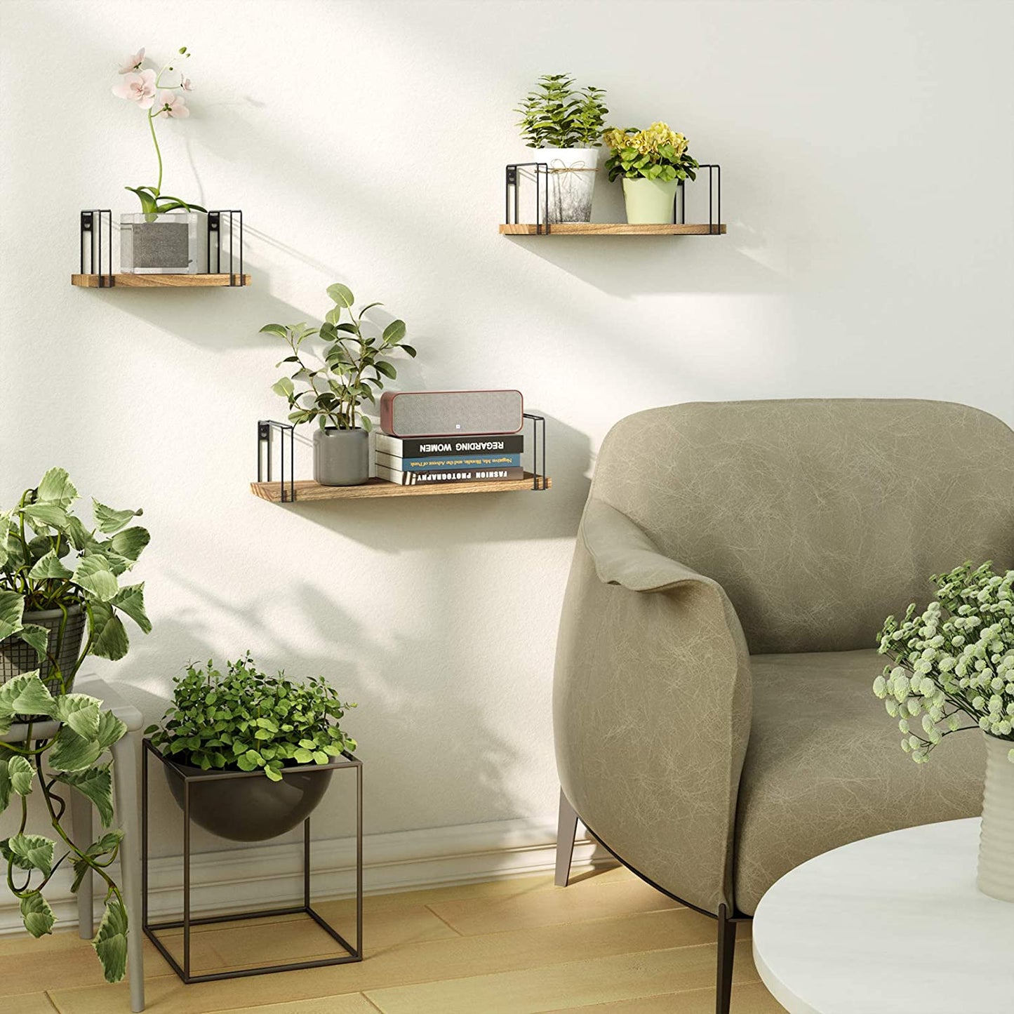 SRIWATANA Rustic Wood Wall Shelves Set of 3 (Carbonized Black)