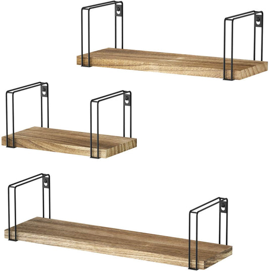 SRIWATANA Rustic Wood Wall Shelves Set of 3 (Carbonized Black)
