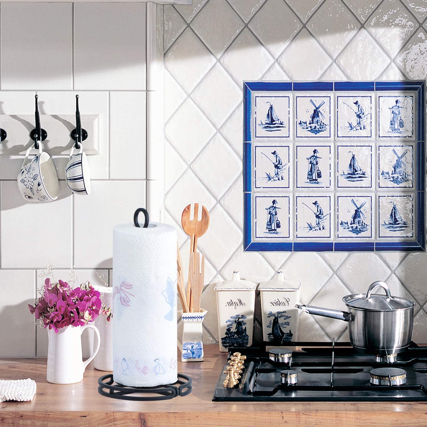 SRIWATANA Sturdier Paper Towel Holder, Simply-Tear Paper Towel Stand Rack with 2-Tier Metal Base,